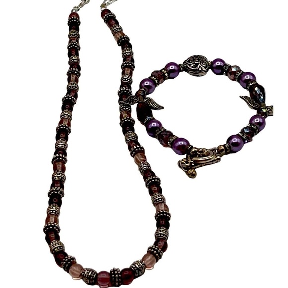 Vintage Napier Beaded Necklace & Bracelet Set With Purple & Silver Accents - Picture 8 of 12